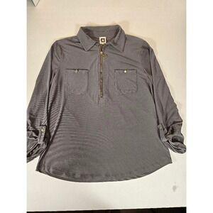 NWOT‎ Anne Klein Women's Gray Long Sleeve 1/2 Zip Up Two Pocket Roll Tab Shirt